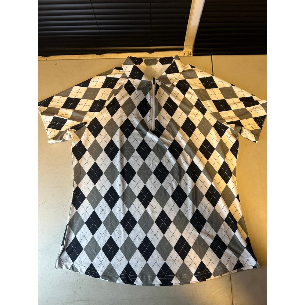 MoFiz Golf Polo Shirt Mens XL Black White Grey Argyle 1/4 Zip Performance Sport